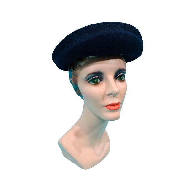 Vintage 1950s Wool Beret Navy Blue Bow Hat - Picture 7 of 10